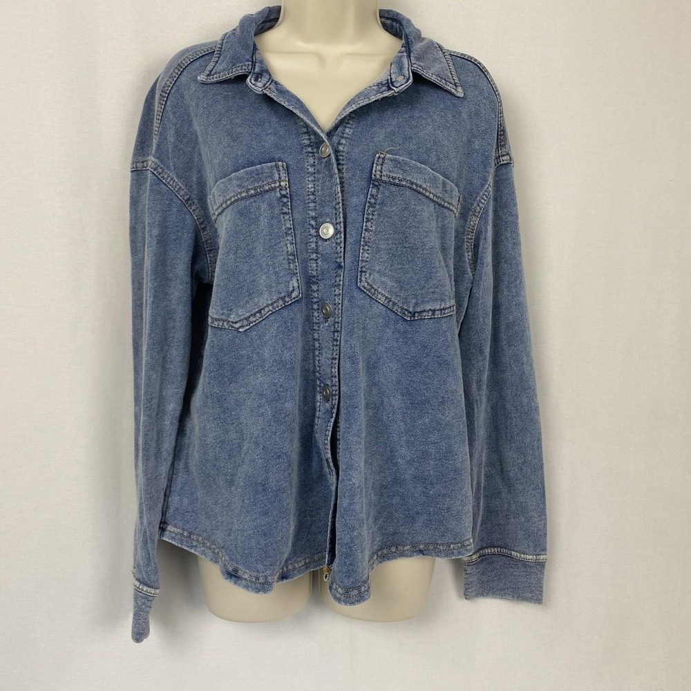 Jane Delancey Stretch Knit Denim Top Womens Medium Blue Shacket Button Up Cozy